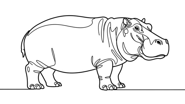 Hippopotamus line drawing on white background.