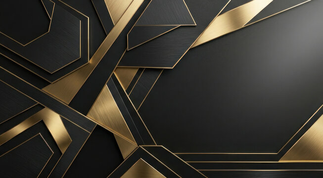 Geometric shapes overlap and intersect against a dark background. Gold and black metallic elements create a layered, abstract design.