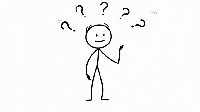 Confused stick figure with question marks expressing doubt and uncertainty on white background