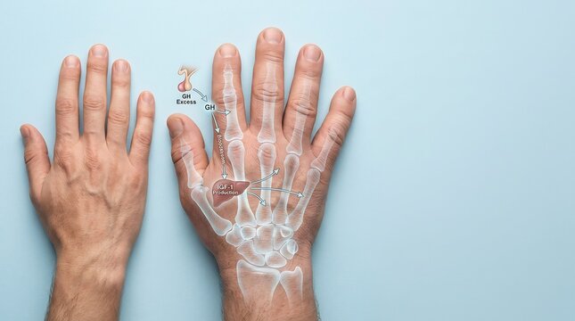Hands displayed side by side exhibit a comparison between anatomical bone structures and skeletal growth markers to illustrate biological development against a solid blue backdrop with ample copy.