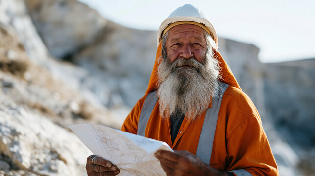 Veteran mining engineer alone in a barren quarry landscape, weathered hands gripping survey maps, hard hat tilted back with a distant reflective gaze capturing a career milestone