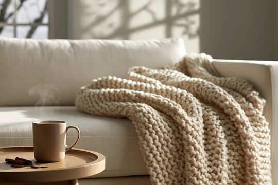 Cozy living room with chunky knitted blanket on sofa and tea in a warm home scene
