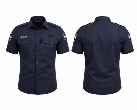 Dark blue police uniform shirt shown from front and back, featuring shoulder epaulets, patches, and button-up design, suitable for law enforcement personnel.