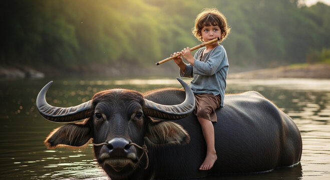 A child rides a buffalo in a pool of water and the child is seen holding and playing a flute.