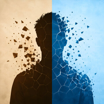 Split Human Silhouette Disintegrating into Fragments Representing Identity and Digital Transformation
