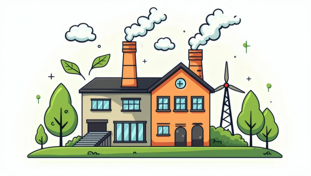 Green industrial factory illustration with smoking chimneys and wind turbine