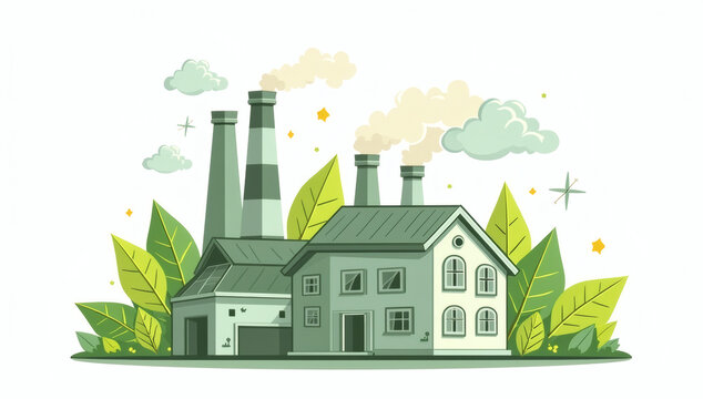 Green eco friendly factory building surrounded by leaves for sustainable industrial manufacturing and clean environment concept