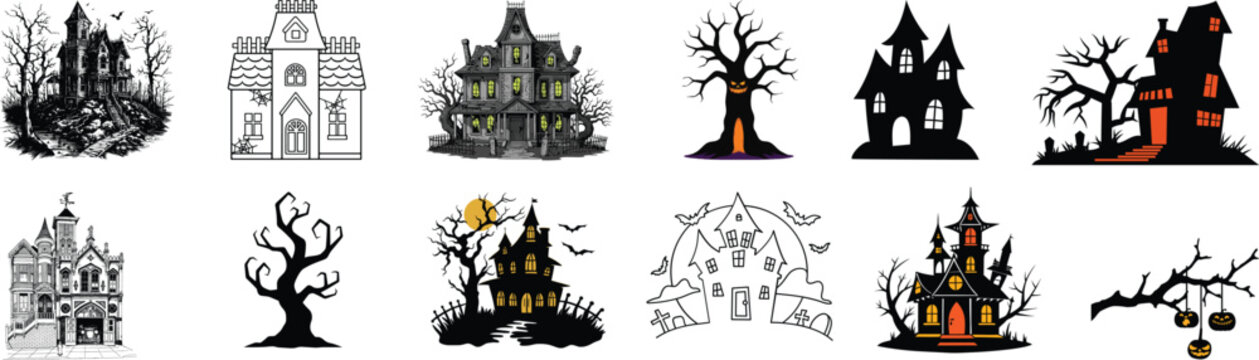 Haunted house and dead tree silhouettes for halloween themed graphics