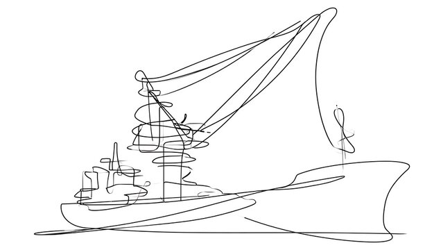 Minimalist line art ship drawing white background.