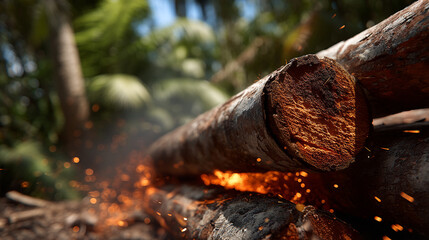 Fototapeta premium Outdoor burning logs emitting sparks and smoke in a natural woodland forest setting