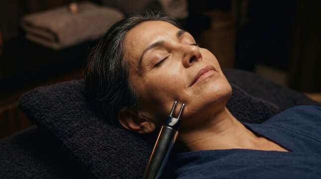 Relaxed mature woman with eyes closed receiving microcurrent facial lifting treatment in dark luxury spa environment