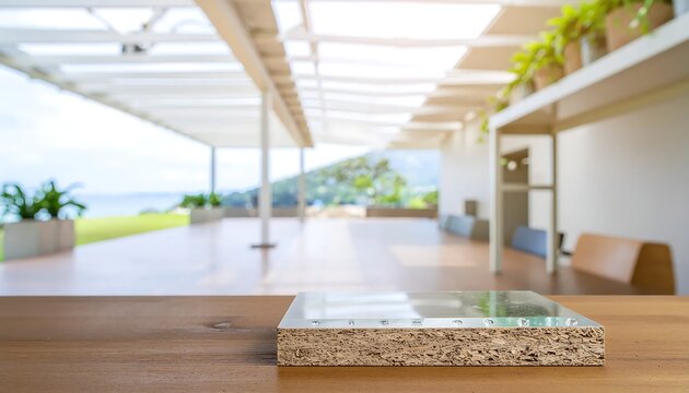 Wooden table with particle board sample in modern interior