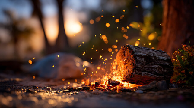 A burning log in a cozy campfire glowing with embers and flying sparks at golden hour