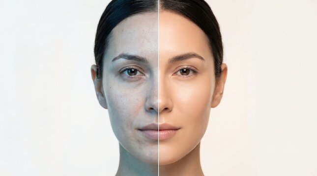 Split screen portrait of young woman face showing before and after effect of acne treatment and skin brightening