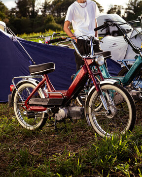 old red custom moped on a event in Switzerland