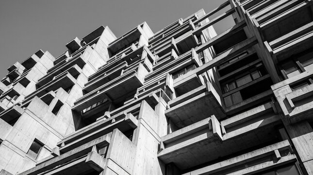 Upward view of modernist concrete building with geometric forms