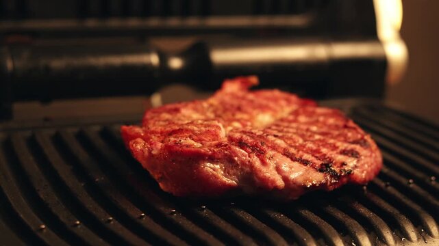 Juicy steak sizzling on a hot grill with beautiful sear marks
