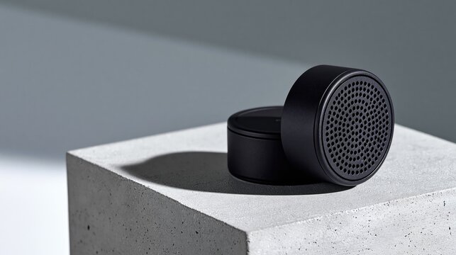 Black cosmetic cream jars on concrete block. Skincare product packaging mockup.