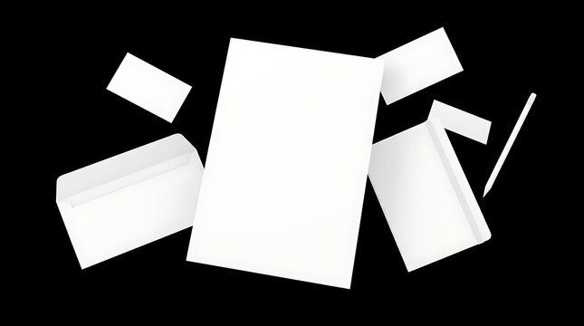 Clean White Stationery Office Letterhead Stack and Business Cards Scattered Creatively Against a Plain Background