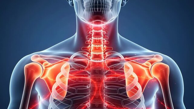 Human upper body anatomy with highlighted shoulder and neck pain areas in medical illustration