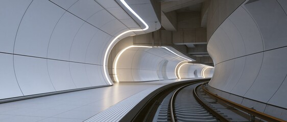 Fototapeta premium Modern subway tunnel with glowing lights. Futuristic underground train station architecture.