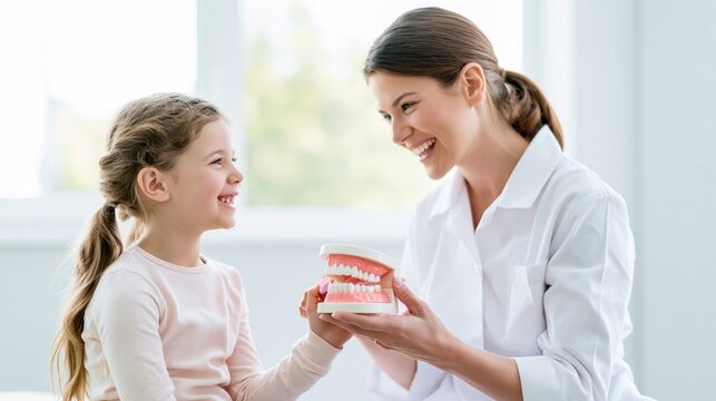 Female dentist showing dental model to a child. Pediatric doctor explaining oral hygiene.