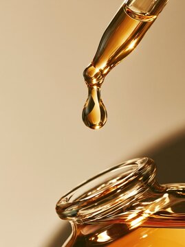 Golden cosmetic oil drop from pipette. Essential serum falling into a glass bottle.