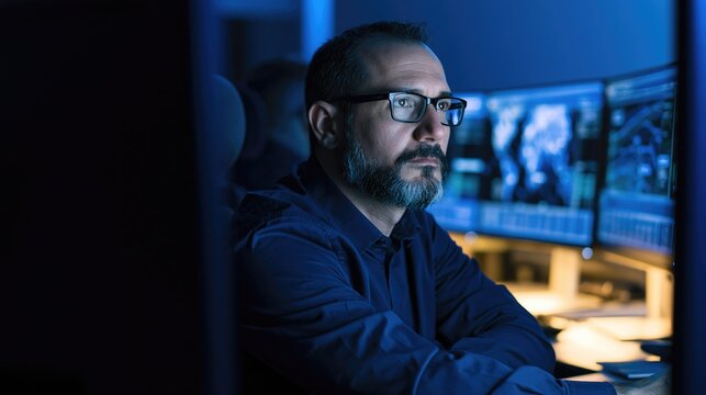 IT professional working at night. Security expert monitoring data on computer screens.