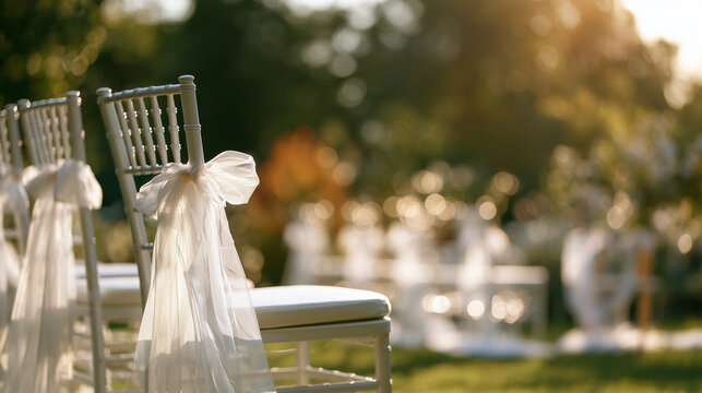 Romantic outdoor wedding chairs decorated with white ribbons, foreground intentionally empty, dreamy garden bokeh, large copy space