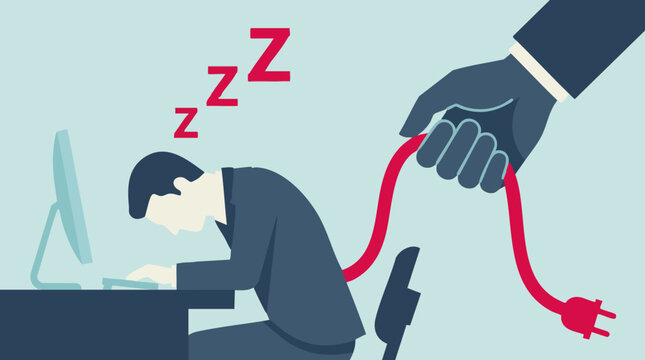 Burnout concept: Tired employee sleeping at desk, energy being unplugged