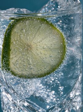 Lime slice in sparkling water. Refreshing citrus drink with bubbles in a glass.