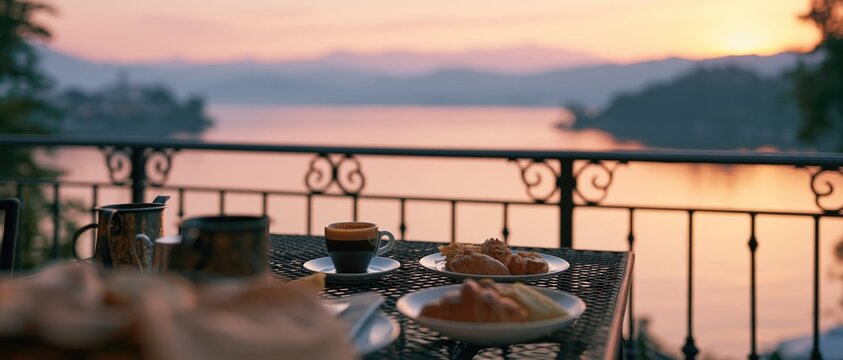 Breakfast on a balcony overlooking a lake. Morning coffee and food at a scenic resort.