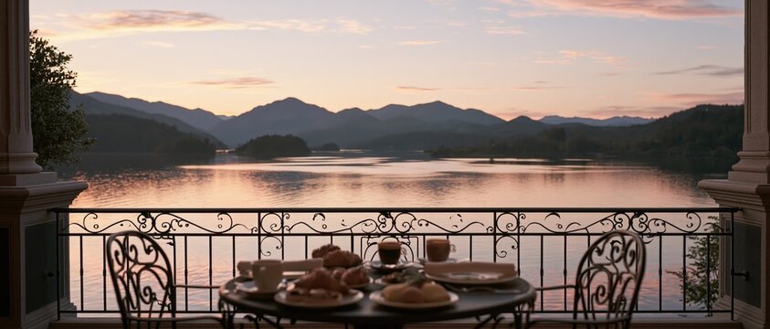 Breakfast on a balcony overlooking a lake. Morning meal with mountain view at sunrise.