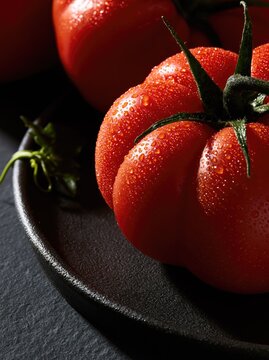 Fresh red tomatoes on a dark plate. Ripe organic vegetables with water droplets.