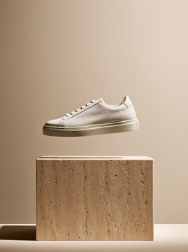 White sneaker floating above a cork block. Modern footwear product display on beige background.
