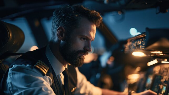 Airline pilot flying airplane at night. Professional captain operating aircraft cockpit.