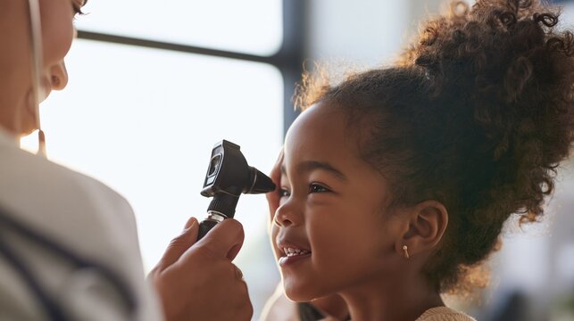 Pediatrician examining a young girl. Doctor using an otoscope for a child ear checkup.