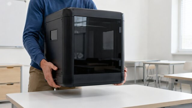 Person holding a large black computer tower chassis on a white table with high end computer hardware electronics technology components building