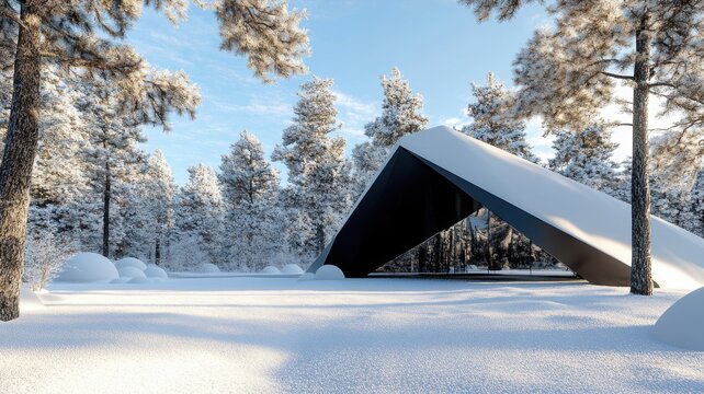 Geometric black pavilion nestled in a snowy landscape with intricate architectural design