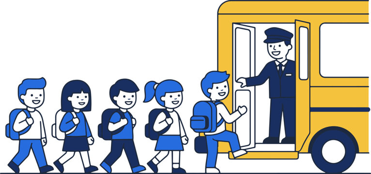 Vector illustration of primary school children queuing up to board a yellow school bus with driver welcoming them in flat line art style.
