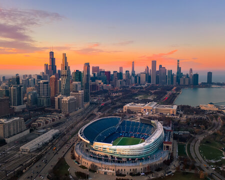 CHICAGO, ILLINOIS &ndash; 11.16.2019: A wide-angle view of the historic architecture of Soldier Field stadium at sunset