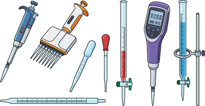 Collection of laboratory pipettes, burettes, and scientific liquid transfer instruments for chemistry and biology research
