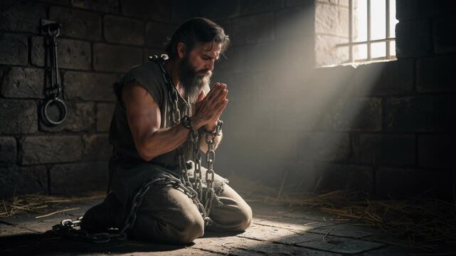 Man in chains praying in a dark prison cell with light streaming through barred window