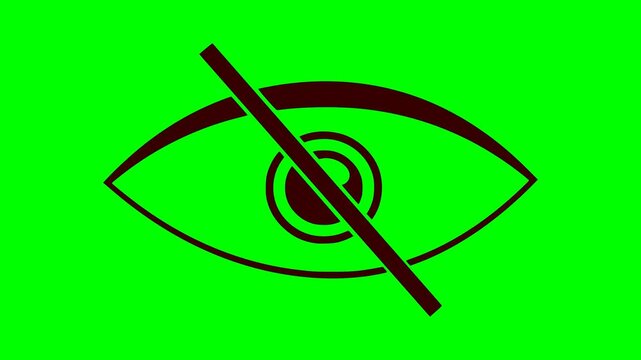 animation of a crossed out eye with red flashing alert on green chroma key background, ideal for sensitive content and censorship