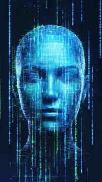 Virtual human head composed of glowing binary code and digital glitches. Vertical video of artificial intelligence concept with flickering data streams. Lockdown shot.