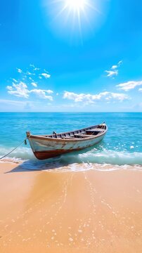 Wooden rowboat anchored at tropical beach shore with gentle waves. Panning shot of empty boat on turquoise water under bright sun.
