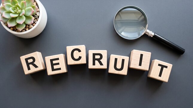 Recruit word on wooden blocks with magnifying glass, human resources recruitment concept, hiring talent and job search flat lay