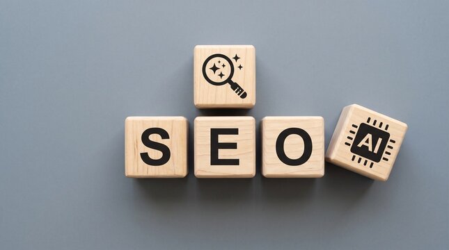 SEO and AI wooden blocks on grey background, artificial intelligence search engine optimization concept, wooden cubes with magnifying glass icon