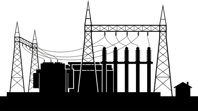 Black and white illustration of electrical substation with power lines and transmission towers