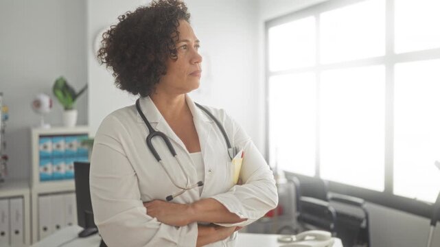 Woman doctor with stethoscope crosses arms then presses hand to forehead in clinic holding patient file; fatigue burnout.